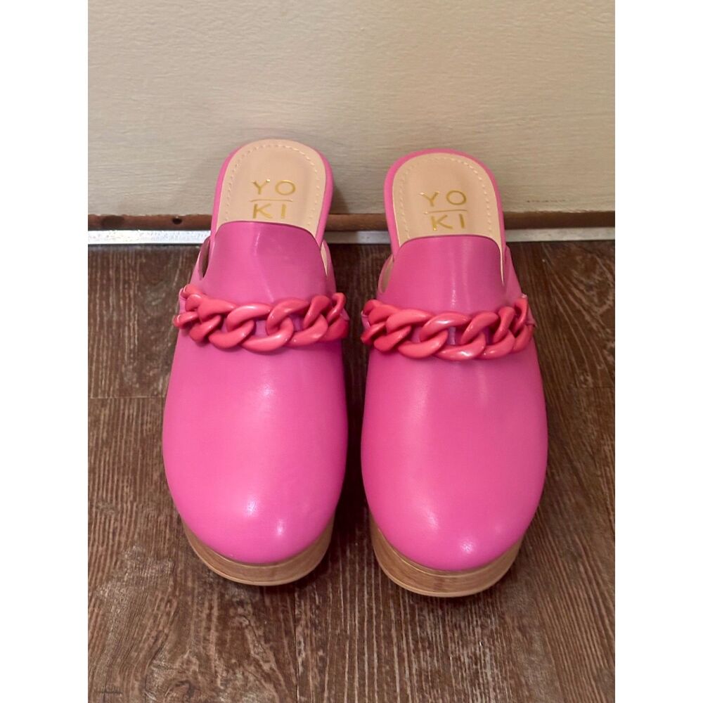 YOKI Pink Platform Clogs Mules Chunky Chain Wood Look Heel Y2K Retro